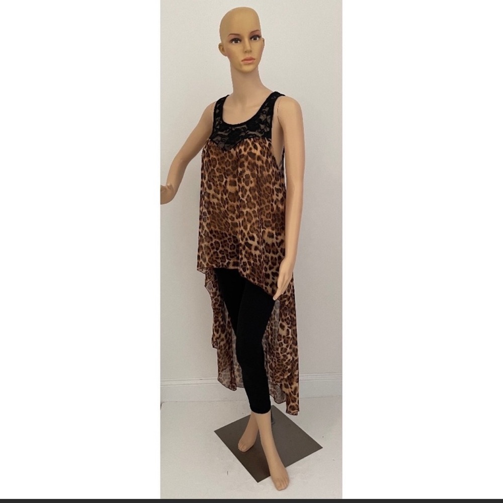 High Low Sheer Leopard Print Sleeveless Blouse